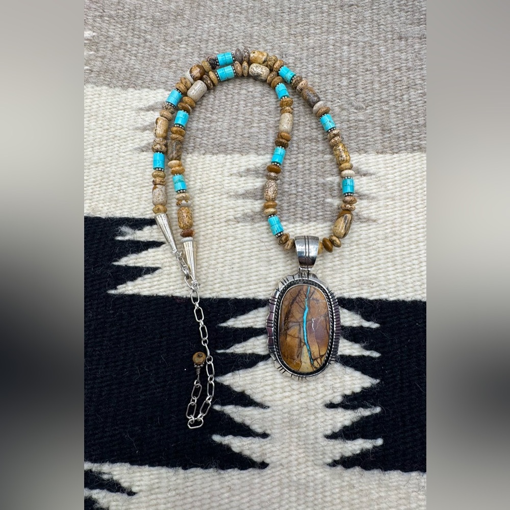 Native American Navajo Sterling Silver Turquoise Picture Jasper Beaded Necklace - Picture 3 of 5